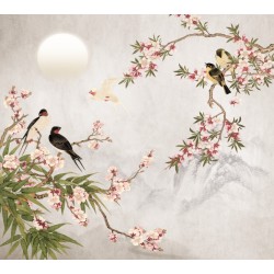 Fresque Sol Floral, Moquette Design Panoramique - Fleurs de pêcher et oiseaux