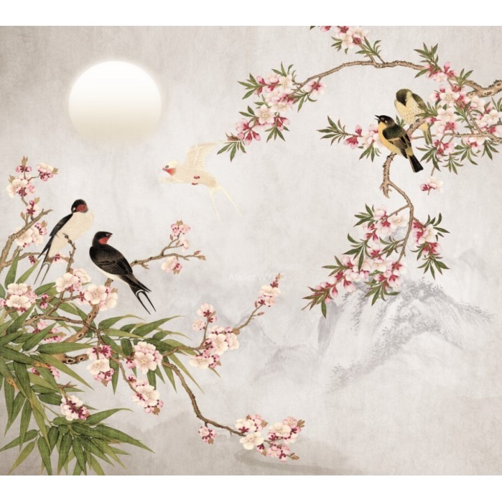 Déco Sol Japonais Zen | Tapis Fresque Fleur Bambou Oiseau | Sur Mesure