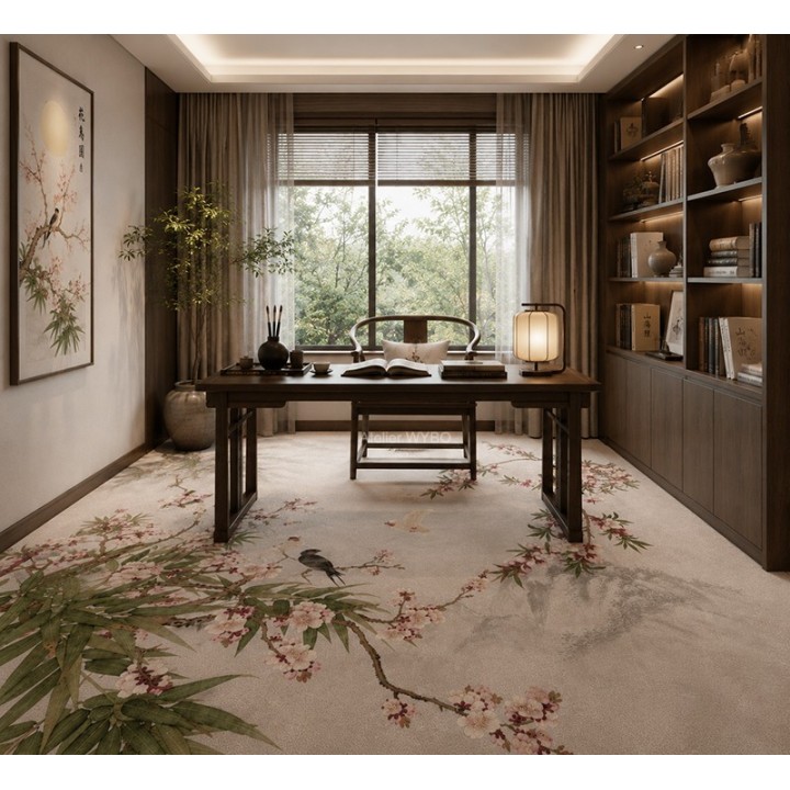 Déco Sol Japonais Zen | Tapis Fresque Fleur Bambou Oiseau | Sur Mesure