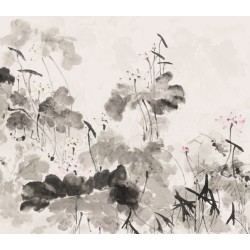 Tapis Fresque XXL Lotus Gris : L'Art du Lavis d'Encre pour un Sol de Prestige
