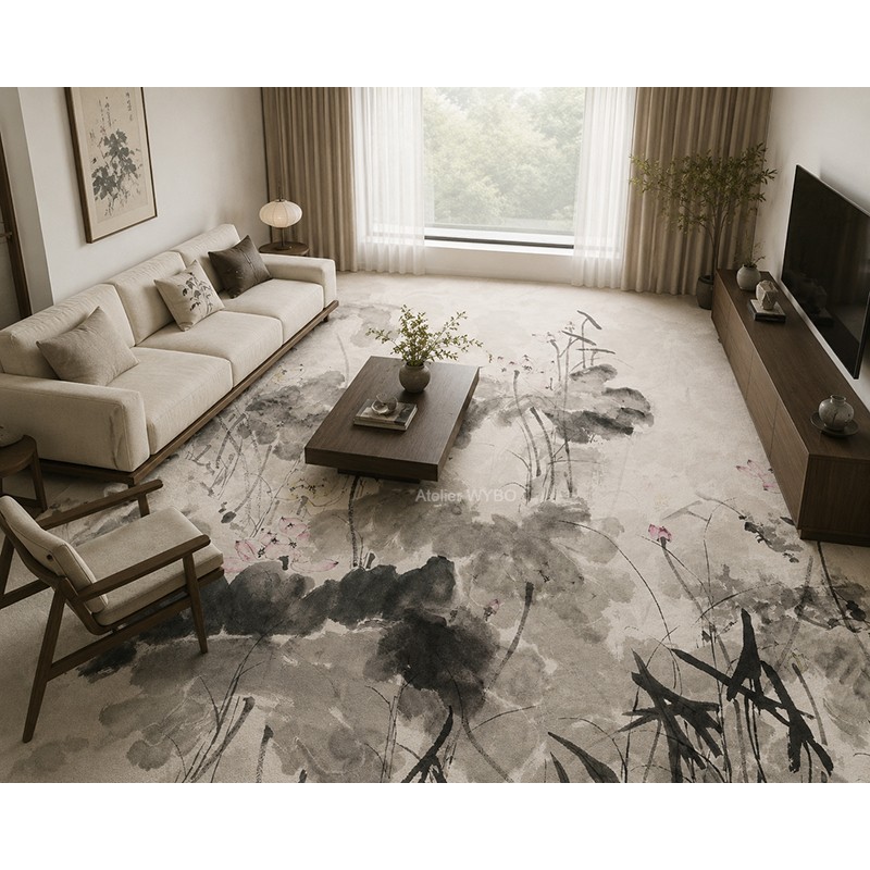 Tapis Fresque XXL Lotus Gris : L'Art du Lavis d'Encre pour un Sol de Prestige