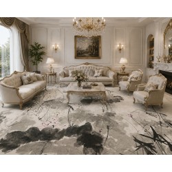 Tapis Fresque XXL Lotus Gris : L'Art du Lavis d'Encre pour un Sol de Prestige