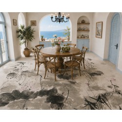 Tapis Fresque XXL Lotus Gris : L'Art du Lavis d'Encre pour un Sol de Prestige