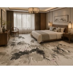 Tapis Fresque XXL Lotus Gris : L'Art du Lavis d'Encre pour un Sol de Prestige