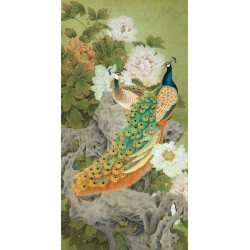 Tapis Long Pour Couloir - Couple de Paons et Pivoines sur le Rocher