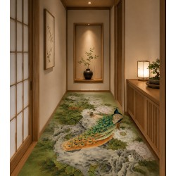 Tapis Long Pour Couloir - Couple de Paons et Pivoines sur le Rocher
