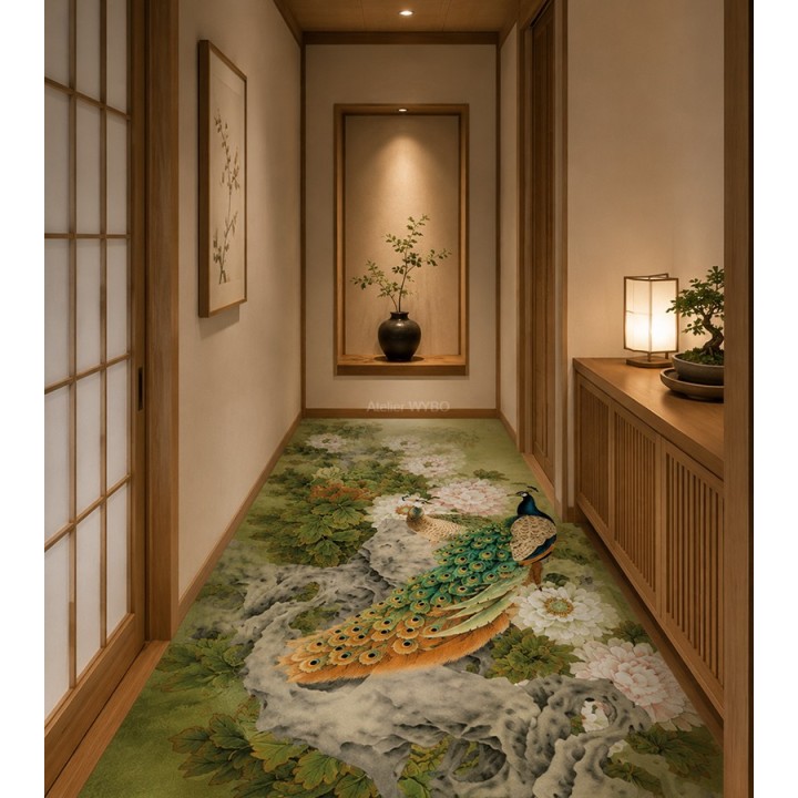 Déco Sol Couloir | Tapis Japonais sur Mesure Paon & Pivoine - Atelier WYBO