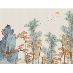Panneau de Douche sur Mesure Paysage Japonais - Arbres et rocher au lever du soleil
