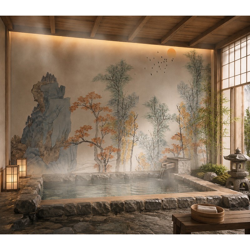 Panneau de Douche sur Mesure Paysage Japonais - Arbres et rocher au lever du soleil