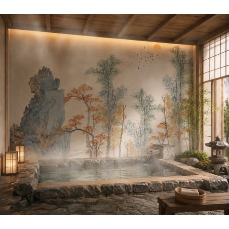 Panneau de Douche sur Mesure Paysage Japonais - Arbres et rocher au lever du soleil