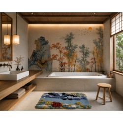 Panneau de Douche sur Mesure Paysage Japonais - Arbres et rocher au lever du soleil