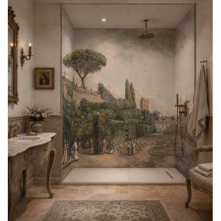 Panneau Vintage Pour Douche Italienne - Jardin Avec Labyrinthe et Pin Parasol