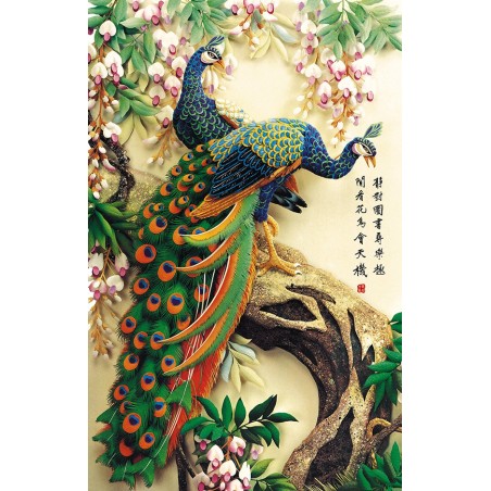 Tapisserie asiatique en effet basrelief - Les deux paons sur l'arbre avec les fleurs de printemps