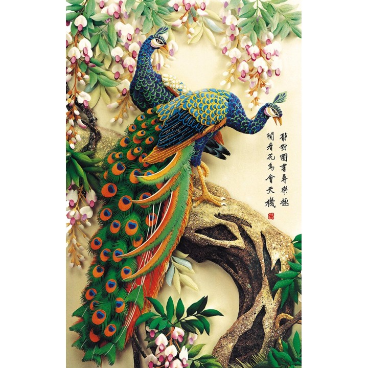Papier peint floral les paons sur l'arbre avec les fleurs de printemps