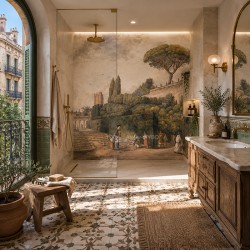 Panneau Vintage Pour Douche Italienne - Jardin Avec Labyrinthe et Pin Parasol