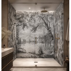 Panneau de douche décoratif motif arbres gris, résiste au calcaire, à la vapeur et à l'humidité permanente.