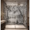 Panneau de douche décoratif motif arbres gris, résiste au calcaire, à la vapeur et à l'humidité permanente.