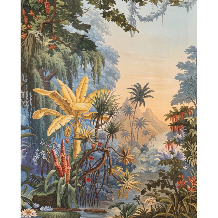 Panneau Douche Fresque Ancienne | Paysage Jungle Bananier Jaune Nénuphar