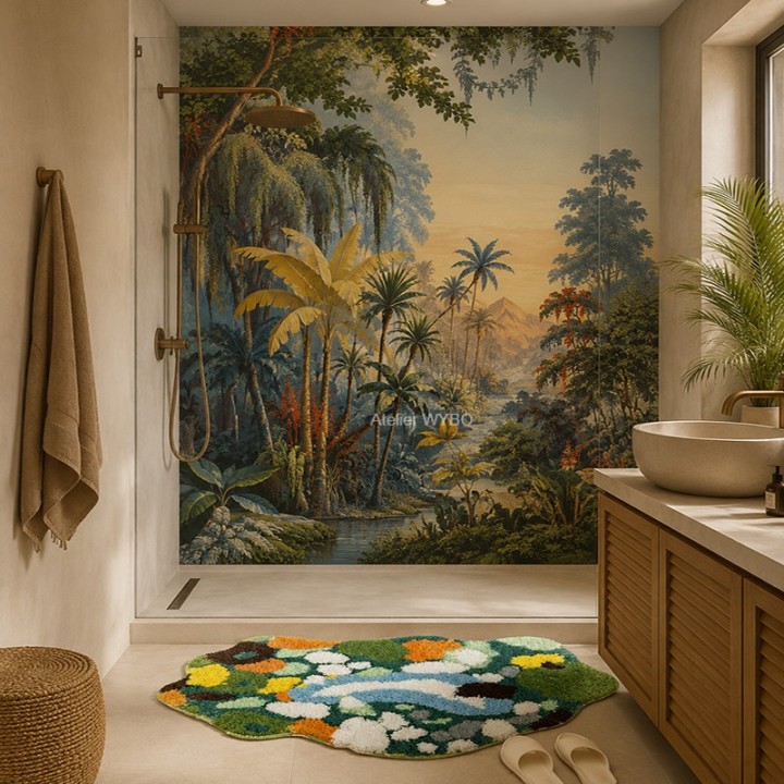 Panneau de Douche Aspect Ancien | Palmier Doré, Rivière Dans la Jungle