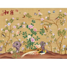 papier peint asiatique sur mesure effet sur mur en paille les fleurs les oiseaux et les papillons