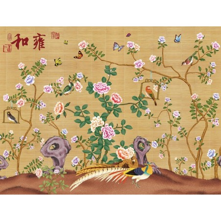 Papier peint chinois effet sur mur en paille - Les fleurs, les oiseaux et les papillons