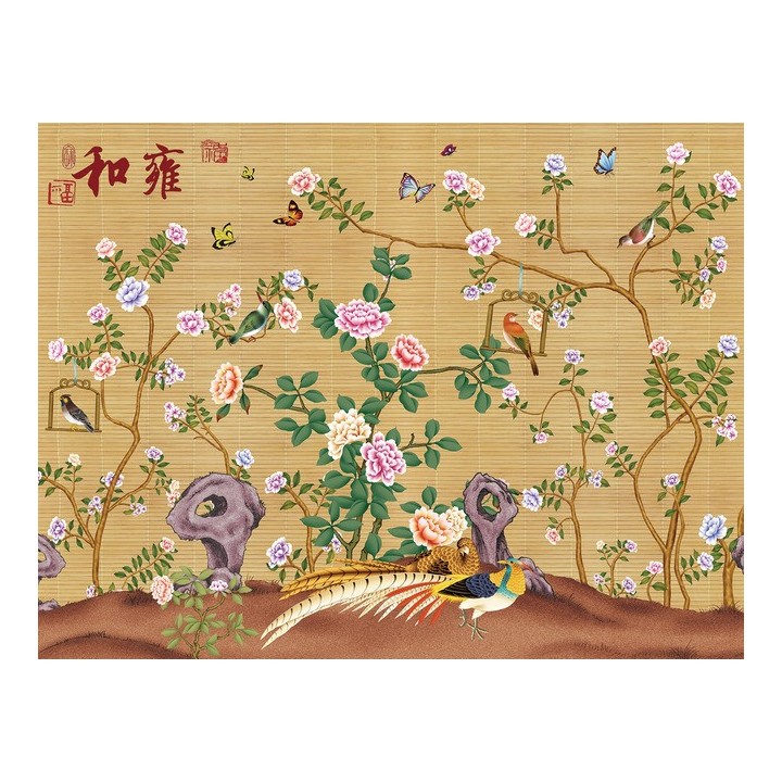 papier peint asiatique sur mesure effet sur mur en paille les fleurs les oiseaux et les papillons