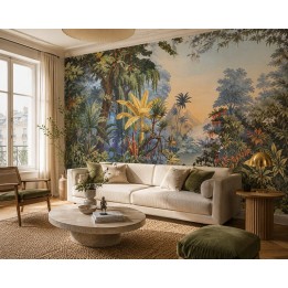 Papier peint tropical personnalisé ambiance jungle jardin lac oiseaux