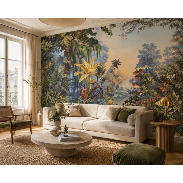 Papier peint tropical personnalisé ambiance jungle jardin lac oiseaux