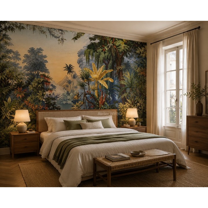 Papier peint tropical personnalisé ambiance jungle jardin lac oiseaux