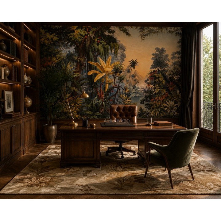 Papier peint tropical personnalisé ambiance jungle jardin lac oiseaux