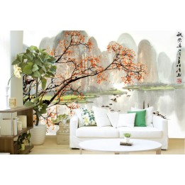 Papier peint salon sur mesure paysage de la rivière et arbre orange.