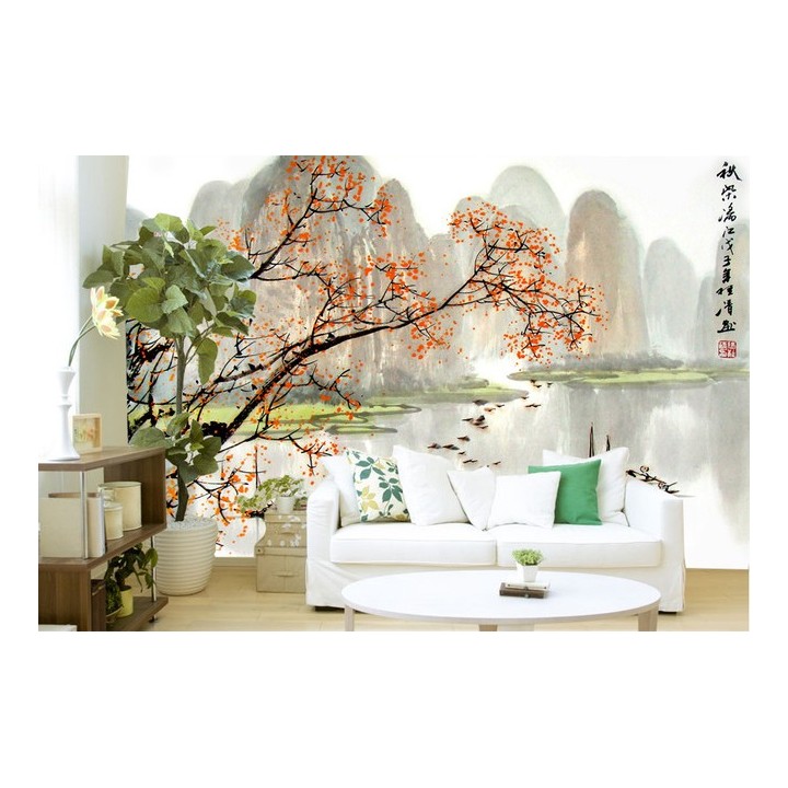 Papier peint salon sur mesure paysage de la rivière et arbre orange.