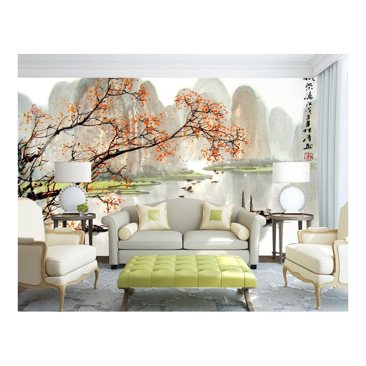 Papier peint asiatique issu d'une peinture à l'encre de Chine, déco salon lumineux et poétique.