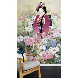 Papier peint asiatique personnalisé style japonais portrait fille japonais avec pivoine