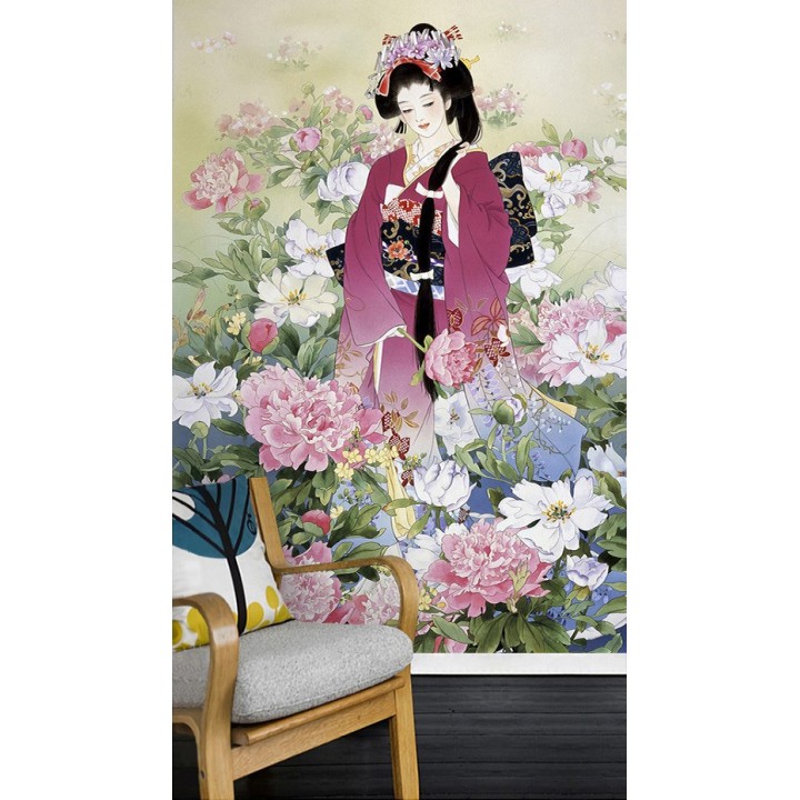 Papier peint asiatique personnalisé style japonais portrait fille japonais avec pivoine