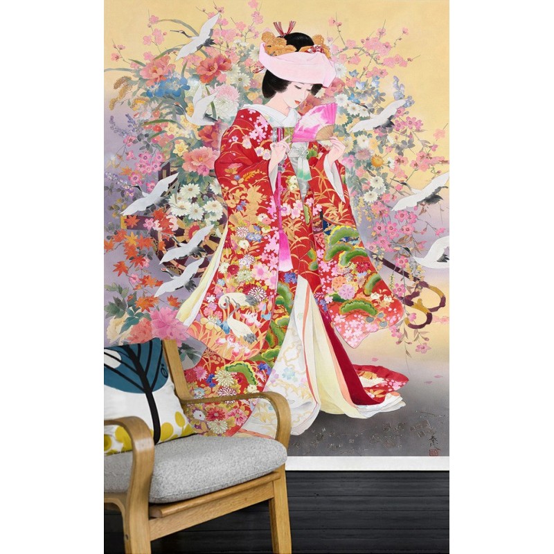 papier peint japonais personnalisable Fille japonaise avec ses poupées