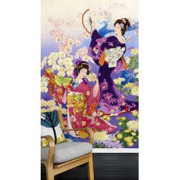 Papier peint asiatique personnalisé style japonais portrait danse avec les orchidées et les chrysanthèmes