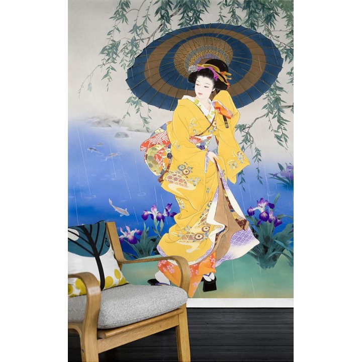 Papier peint asiatique personnalisé style japonais portrait promenade sous la pluie