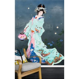 Papier peint asiatique personnalisé style japonais portrait la nuit avec les lucioles