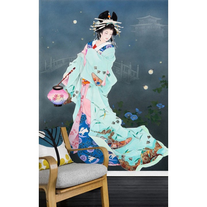 Papier peint asiatique personnalisé style japonais portrait la nuit avec les lucioles