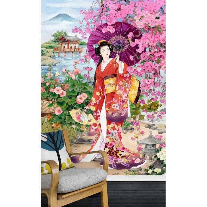 Papier peint asiatique personnalisé style japonais portrait promenade dans le jardin en printemps