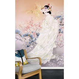 Papier peint asiatique personnalisé style japonais portrait jeune mariée en kimono blanc