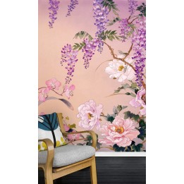 Papier peint floral style asiatique format portrait les pivoines les orchidées et la glycine