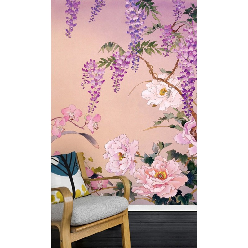 Tapisserie florale style japonais - Les pivoines, la glycine et les orchidées