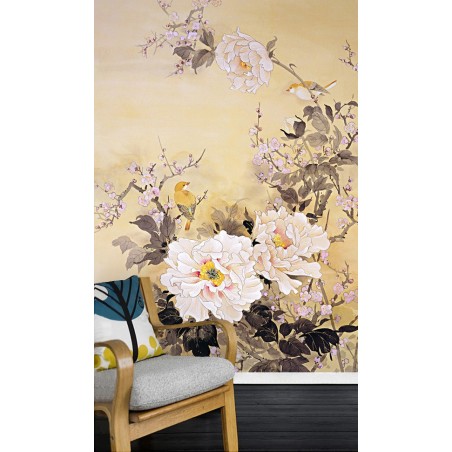 Tapisserie florale style japonais - Les pivoines, les fleurs de pêcher et les oiseaux