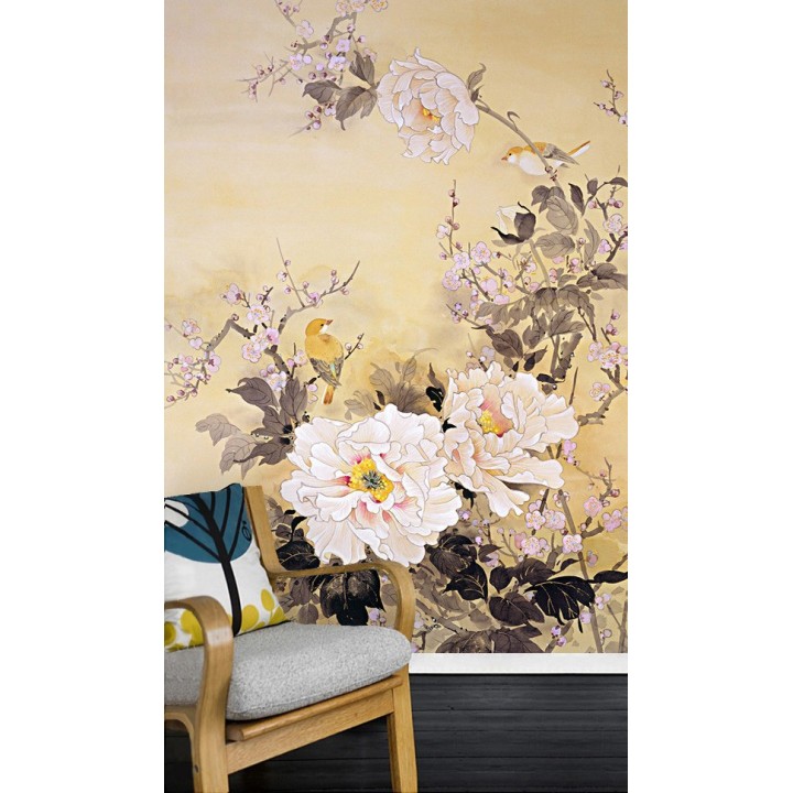 Papier peint floral style asiatique format portrait les pivoines les fleurs de pêcher et les oiseux