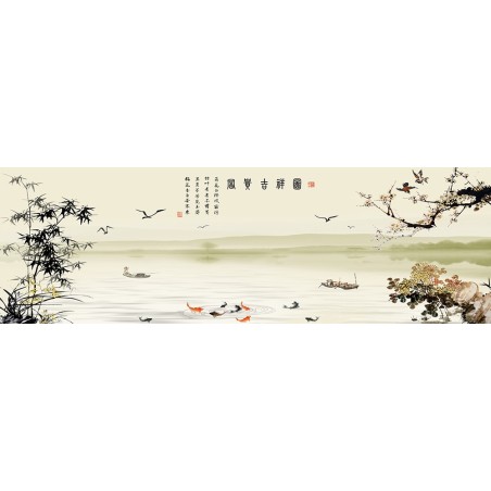 Papier peint chinois esprit zen format panoramique - Paysage avec le poème, les fleurs et les bambous