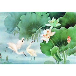 papier peint chinois sur mesure tapisserie numérique paysage cigognes dans l'étang avec les lotus