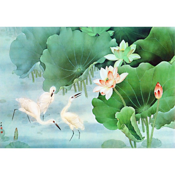 papier peint chinois sur mesure tapisserie numérique paysage cigognes dans l'étang avec les lotus