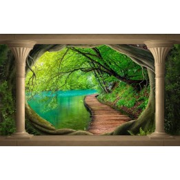 papier peint paysage mystérieux trompe l'oeil effet 3D extension d'espace au bord du lac